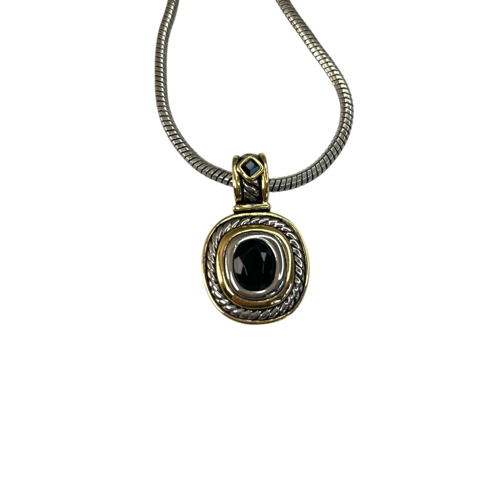 Onyx/Jet Two-toned pendant on silver-tone Snake chain 16-18.5”